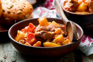 Hungarian Cholent Slow Cooker Beef-Stew.rustic style.selective focus