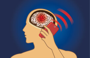 Brain damage from using mobile phone radiation in a long time. Medical illustration