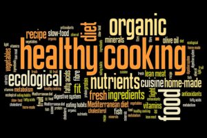 Healthy cooking and slow food diet concepts word cloud illustration. Word collage concept.