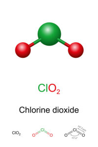 Chlorine dioxide, ball-and-stick model, molecular and chemical formula. Chemical compound with formula ClO2, known as Chlorine(IV) oxide. Used as a bleach and for disinfection (chlorination) of water.